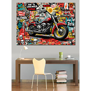 Grafiti Stili Motosiklet Dekoratif Kanvas - Mdf Ahşap Tablo