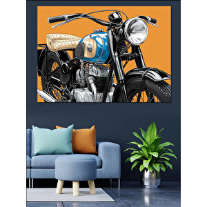 Turuncu Arkaplanlı Mavi Motosiklet Dekoratif Kanvas - Mdf Ahşap Tablo