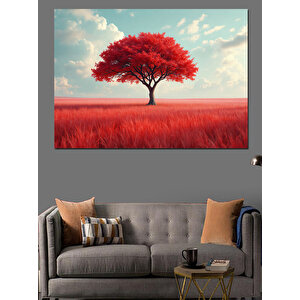 Kırmızı Çayırda Yalnız Ağaç Dekoratif Kanvas - Mdf Ahşap Tablo