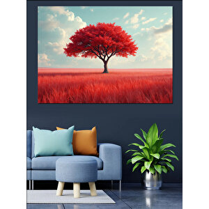 Kırmızı Çayırda Yalnız Ağaç Dekoratif Kanvas - Mdf Ahşap Tablo 70x100 cm