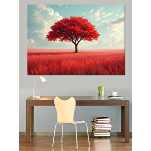 Kırmızı Çayırda Yalnız Ağaç Dekoratif Kanvas - Mdf Ahşap Tablo