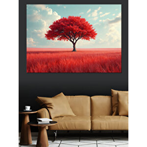 Kırmızı Çayırda Yalnız Ağaç Dekoratif Kanvas - Mdf Ahşap Tablo 35x50 cm