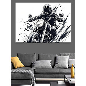 Siyah Beyaz Motosiklet Sürücüsü Dekoratif Kanvas - Mdf Ahşap Tablo 100x140 cm