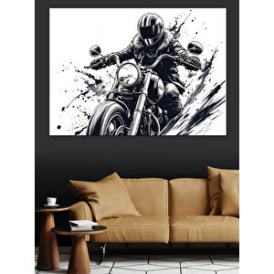 Siyah Beyaz Motosiklet Sürücüsü Dekoratif Kanvas - Mdf Ahşap Tablo 100x140 cm