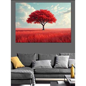 Kırmızı Çayırda Yalnız Ağaç Dekoratif Kanvas - Mdf Ahşap Tablo 100x140 cm