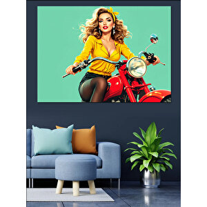 Motosikletli Sarışın Kadın Dekoratif Kanvas - Mdf Ahşap Tablo 100x140 cm