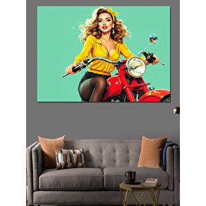 Motosikletli Sarışın Kadın Dekoratif Kanvas - Mdf Ahşap Tablo 100x140 cm