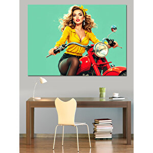 Motosikletli Sarışın Kadın Dekoratif Kanvas - Mdf Ahşap Tablo 100x140 cm