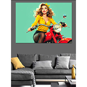 Motosikletli Sarışın Kadın Dekoratif Kanvas - Mdf Ahşap Tablo