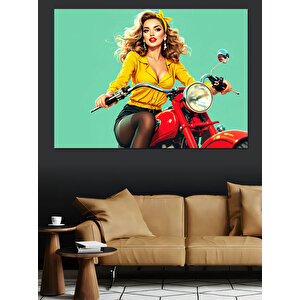 Motosikletli Sarışın Kadın Dekoratif Kanvas - Mdf Ahşap Tablo
