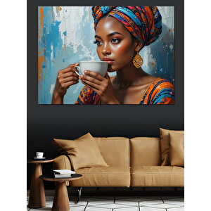Renkli Kıyafetli Çay İçen Kadın Dekoratif Kanvas - Mdf Ahşap Tablo 70x100 cm