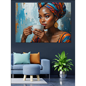 Renkli Kıyafetli Çay İçen Kadın Dekoratif Kanvas - Mdf Ahşap Tablo 70x100 cm
