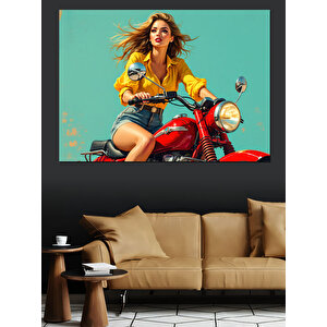 Kırmızı Motosikletli Sarışın Kadın Dekoratif Kanvas - Mdf Ahşap Tablo 70x100 cm