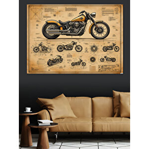 Eski Motosiklet Teknik Çizimi Dekoratif Kanvas - Mdf Ahşap Tablo 100x140 cm