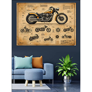 Eski Motosiklet Teknik Çizimi Dekoratif Kanvas - Mdf Ahşap Tablo 100x140 cm