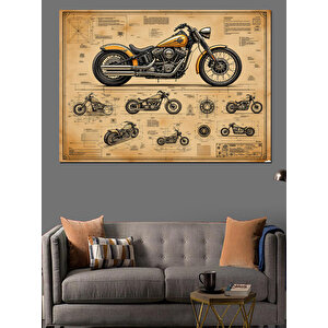 Eski Motosiklet Teknik Çizimi Dekoratif Kanvas - Mdf Ahşap Tablo 100x140 cm