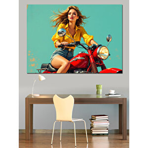 Kırmızı Motosikletli Sarışın Kadın Dekoratif Kanvas - Mdf Ahşap Tablo 35x50 cm