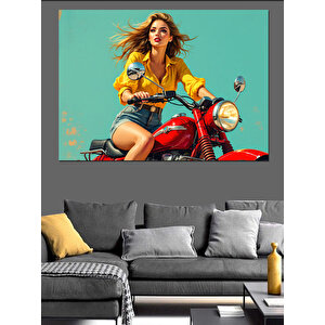 Kırmızı Motosikletli Sarışın Kadın Dekoratif Kanvas - Mdf Ahşap Tablo 35x50 cm