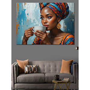 Renkli Kıyafetli Çay İçen Kadın Dekoratif Kanvas - Mdf Ahşap Tablo