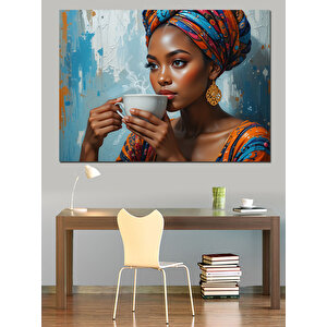 Renkli Kıyafetli Çay İçen Kadın Dekoratif Kanvas - Mdf Ahşap Tablo