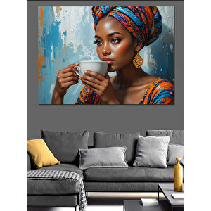 Renkli Kıyafetli Çay İçen Kadın Dekoratif Kanvas - Mdf Ahşap Tablo 35x50 cm