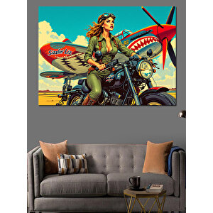 Motosikletli Kadın Pilot Dekoratif Kanvas - Mdf Ahşap Tablo 70x100 cm