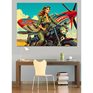 Motosikletli Kadın Pilot Dekoratif Kanvas - Mdf Ahşap Tablo 70x100 cm