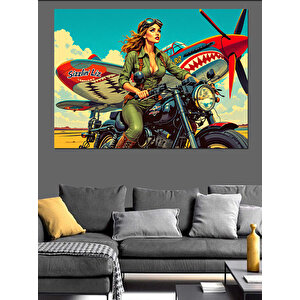 Motosikletli Kadın Pilot Dekoratif Kanvas - Mdf Ahşap Tablo 70x100 cm