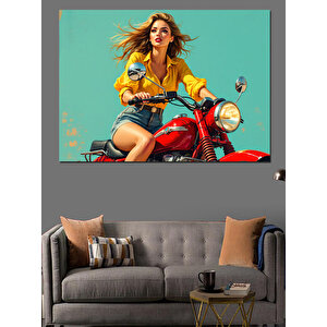 Kırmızı Motosikletli Sarışın Kadın Dekoratif Kanvas - Mdf Ahşap Tablo