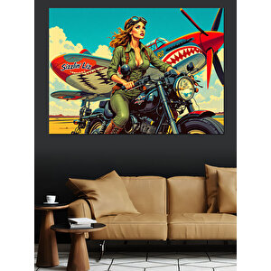 Motosikletli Kadın Pilot Dekoratif Kanvas - Mdf Ahşap Tablo