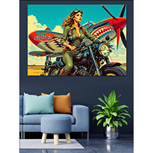 Motosikletli Kadın Pilot Dekoratif Kanvas - Mdf Ahşap Tablo