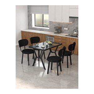 Azra 70x110cm Bendir Mutfak Masası, Mutfak Masası Takımı, Yemek Masası, 4 Siyah Sandalye