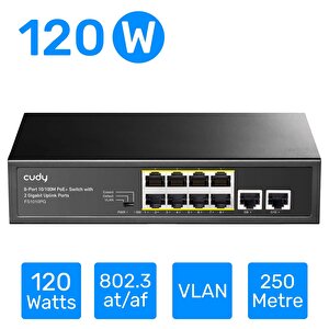 Cudy 8port 120w Full Poe Fs1010pg 10/100 2-uplink Yönetilemez Switch