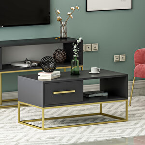 Mira Kapaklı Orta Sehpa, Gold Ayak, Modern Tasarım - 90 Cm, Ev-ofis, Antrasit/gold Antrasit