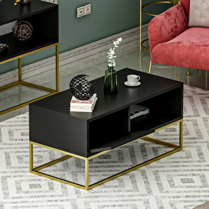 Mira Kapaklı Orta Sehpa, Gold Ayak, Modern Tasarım - 90 Cm, Ev-ofis, Siyah/gold Siyah