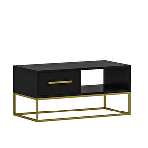 Mira Kapaklı Orta Sehpa, Gold Ayak, Modern Tasarım - 90 Cm, Ev-ofis, Siyah/gold Siyah