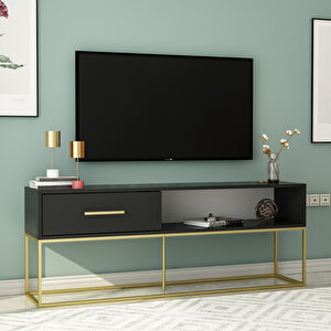 Mira Tv Ünitesi 160 Cm – Kapaklı Ve Raflı, Gold Ayak, Modern Tasarım, Siyah/gold