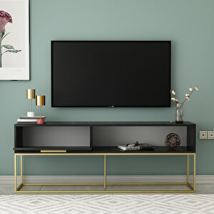 Mira Tv Ünitesi 160 Cm – Kapaklı Ve Raflı, Gold Ayak, Modern Tasarım, Siyah/gold