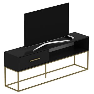 Mira Tv Ünitesi 160 Cm – Kapaklı Ve Raflı, Gold Ayak, Modern Tasarım, Siyah/gold