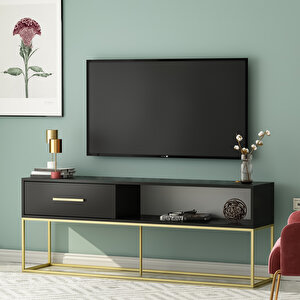 Mira Tv Ünitesi 160 Cm – Kapaklı Ve Raflı, Gold Ayak, Modern Tasarım, Siyah/gold