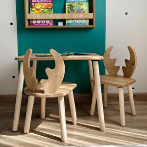 Montessori Geyik Sandalyeli Çalışma Masası 2 Sandalye 1 Masa Kahverengi