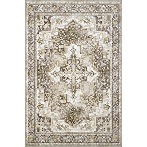 Beylerbeyi By 803 Krem Etnik Vintage Halı Oda Salon Halısı Yıkanabilir Eskitme Şönil Halı 80x150 cm