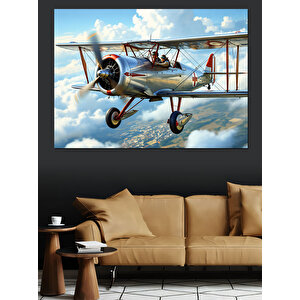 Gökyüzünde Uçan Çift Kanatlı Uçak Dekoratif Kanvas - Mdf Ahşap Tablo 100x140 cm