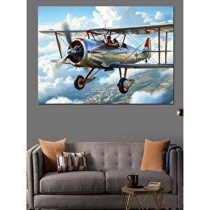 Gökyüzünde Uçan Çift Kanatlı Uçak Dekoratif Kanvas - Mdf Ahşap Tablo 100x140 cm