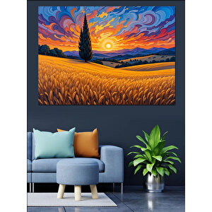 Turuncu Tarlada Fırtınalı Gökyüzü Dekoratif Kanvas - Mdf Ahşap Tablo 50x70 cm