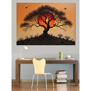 Turuncu Gökyüzünde Yalnız Ağaç Dekoratif Kanvas - Mdf Ahşap Tablo 70x100 cm