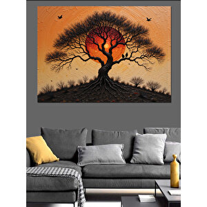 Turuncu Gökyüzünde Yalnız Ağaç Dekoratif Kanvas - Mdf Ahşap Tablo 70x100 cm