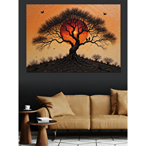 Turuncu Gökyüzünde Yalnız Ağaç Dekoratif Kanvas - Mdf Ahşap Tablo 70x100 cm