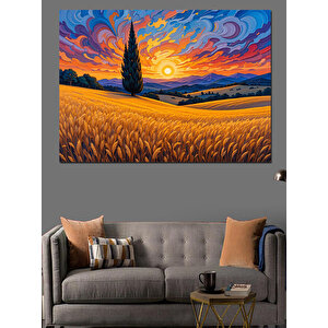 Turuncu Tarlada Fırtınalı Gökyüzü Dekoratif Kanvas - Mdf Ahşap Tablo 100x140 cm