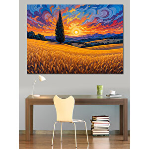 Turuncu Tarlada Fırtınalı Gökyüzü Dekoratif Kanvas - Mdf Ahşap Tablo 100x140 cm